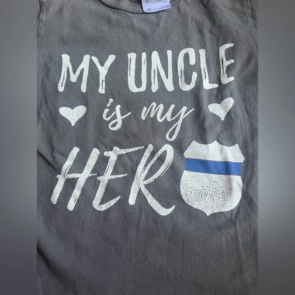 Kids Gray 'My Uncle Is My Hero' Police Badge Thin Blue Line Short Sleeve Tee 4T